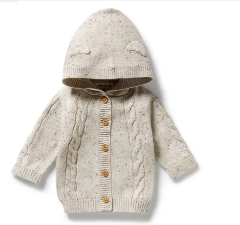 Cookie & Cream Organic Knitted Cable Jacket with Hood.