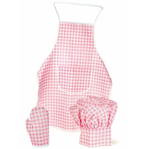 APRON GLOVE & HAT SET PINK GINGHAM