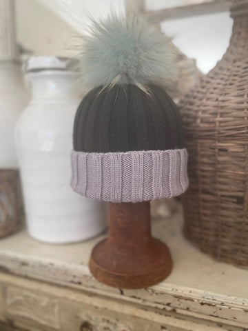 Fur Pom Pom Beanie - Black & Grey