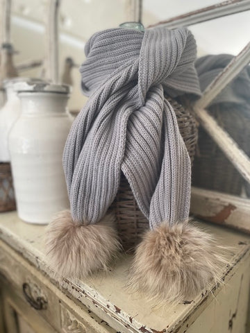 Fur Pom Pom Scarf - Grey w Natural Pom Pom