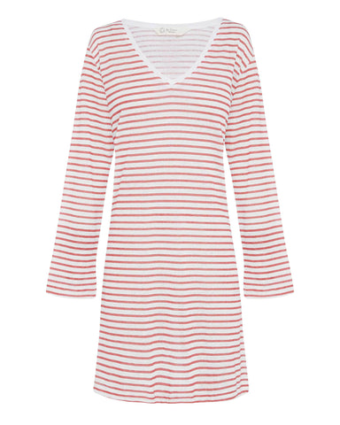 Red & White Striped Linen Dress - V Neck