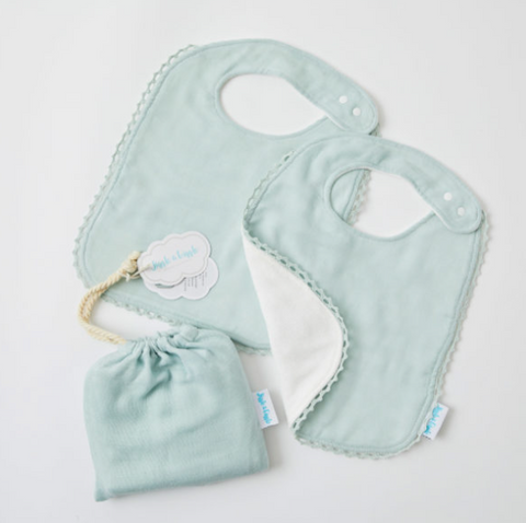 Misty Blue Double Muslin Lace Trim Bib set of 2