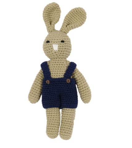 Hand Knitted Bunny rattle toy in navy overalls