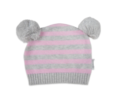 Baa Baa White Sheep Stripe Knit Beanie with Pom Poms