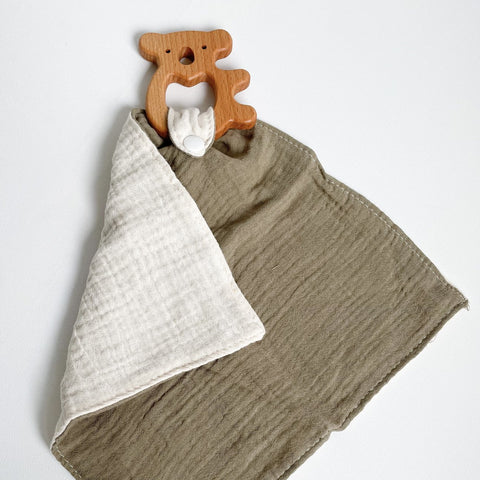Calf & Crew - Comforter w Wooden Animal Teether (Dark Olive Koala)