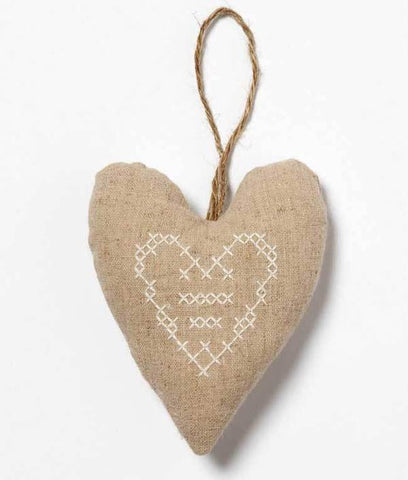 French Linen Ecru Heart - White Stitching