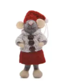 Gry & Sif Small Grey Mouse with Knitted Jacket & Red Christmas Hat.