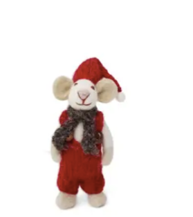 Gry & Sif Small White Boy Mouse with Red Overalls, hat & scarf.