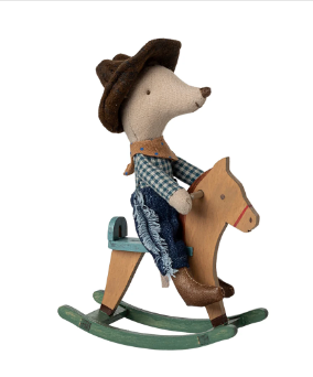 Maileg Cowboy Mouse on Rocking Horse.