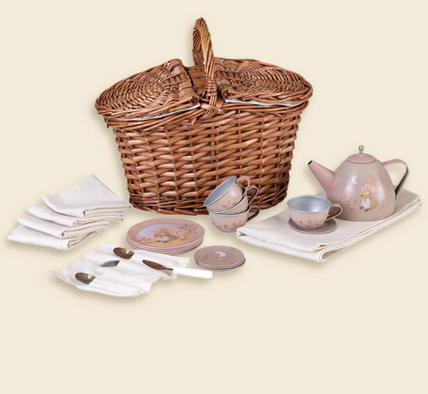 Mouse Tin Tea Set In Cane Basket