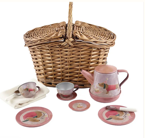 Musical Dog Tin Tea Set In Cane Basket