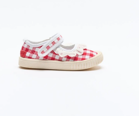 Walnut - Mary Jane Frill Canvas- Red Gingham Shoes.