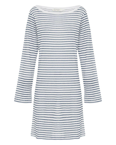 Blue & White Striped Linen Dress - Boat Neck