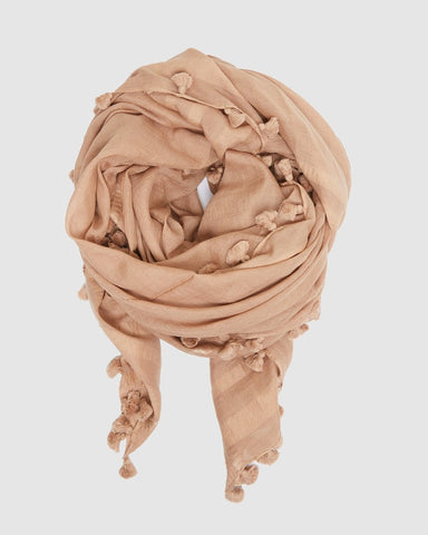Cloth and Co Silk & Cotton Pom Pom Scarf - Clay