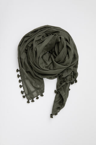 Cloth and Co Silk & Cotton Pom Pom Scarf - Forest