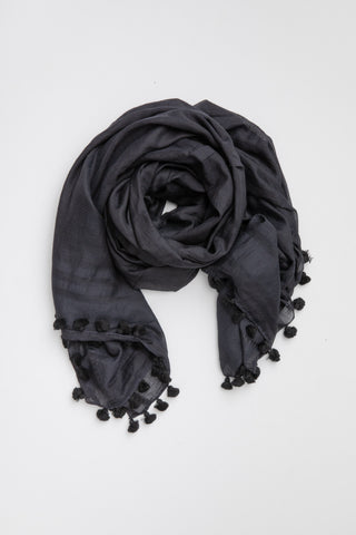 Cloth and Co Silk & Cotton Pom Pom Scarf - Midnight