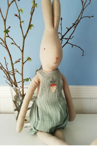 Maileg rabbit in turnip overalls, size 4.