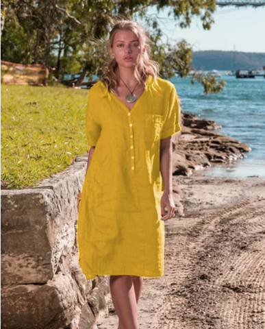 SHOP Linen Red Ochre Dress with Puffy Sleeves - ROVE Byron Bay