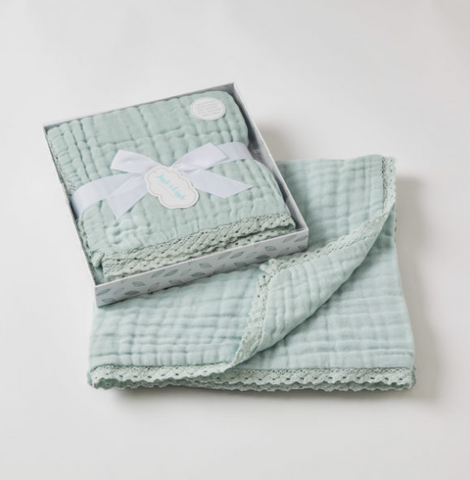 Misty Blue double muslin baby blanket with lace edge