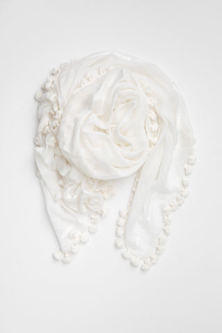 Cloth and Co Silk & Cotton Pom Pom Scarf - Winter White