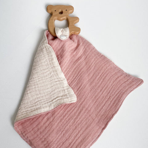 Calf & Crew - Comforter w Wooden Animal Teether (Coral Pink Koala)